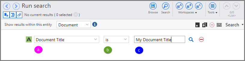 Search page showing the following search expression:
Document Title is My Document Title.